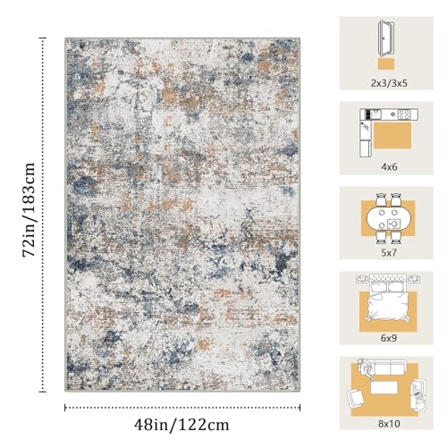 Washable 4x6 Area Rug, Blue Rust Abstract Non-Slip for Office, Entryway