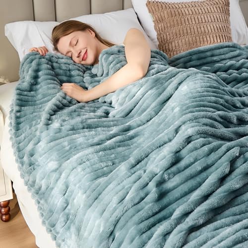 Dusty Blue Striped Throw Blanket, 330GSM Soft Plush Fleece Blanket for Couch Sofa Travel, Decorative Cozy Giftable Home Blanket, 50x70 Inches