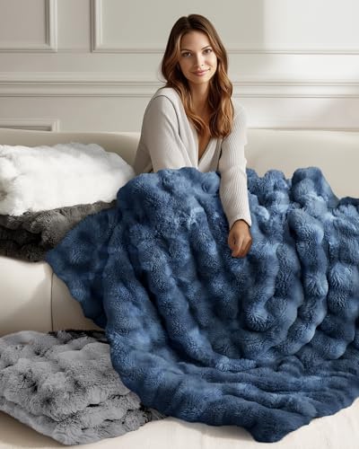 Ultra Soft Cozy Faux Fur Throw Blanket, Fuzzy Plush Thick Bubble Blanket, Oversize Luxury Fluffy Blanket for Couch, Sofa, Bedroom, and Living Room,50x60 Inches,Blue