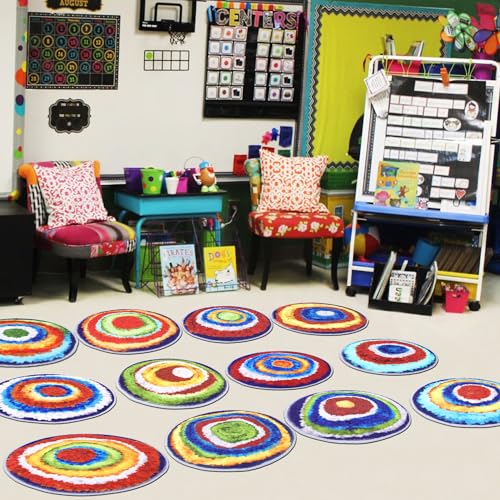 Carpet Circles Kids Rug 16Inch Rainbow Crazy Carpet Circle Seats Preschool Classroom Accessories 12pcs Round Flexible Seats Group Activity Spots Marker for Classroom Kindergarden Playroom