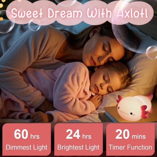 Axolotl Lamp Kid Cute Night Light, Rechargeable Squishy Axolotl Gifts for Girls, Baby Touch Nightlight, Dimmable Silicone LED Animal Toys, Bedside Pink Lamp, College Nursery Kawaii Décor