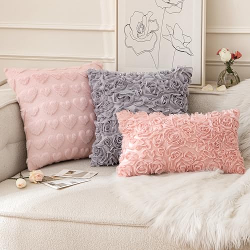 MIULEE 3D Rose Flower Pillow Cover Decorative Spring Floral Romantic Stereo Chiffon Aesthetic Solid Pillowcase for Girl Bedroom Living Room Decor 12x20 Inch Peach Pink