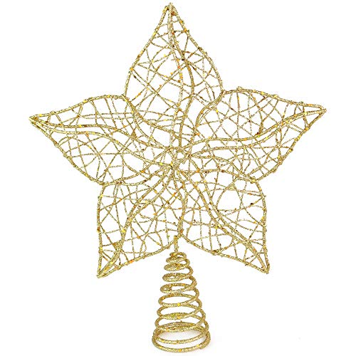 Ornativity Glittered Star Tree Topper - Christmas Gold Sparkle Wire Star Flower Leafy Petal Holiday Decor Xmas Trees Top Toppers Decorations 12"