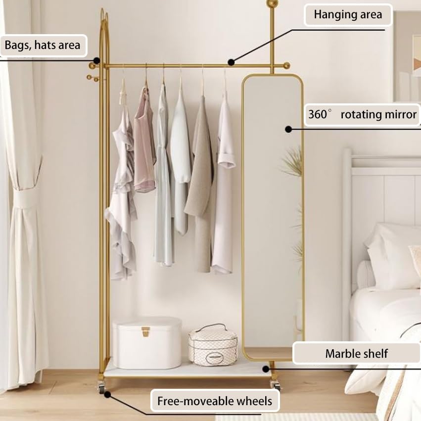 Standing Mirrors Full-Length Mirror Clothes Hanger Integrated rotatable Household Clothes Hanger Floor-Standing Vertical Cloakroom Dressing Mirror(Rose Gold)