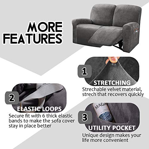 ULTICOR Reclining Love Seat Slipcover, 48" - 65" L, 6-Piece Velvet Stretch Loveseat Reclining Sofa Covers, 2 seat Love seat Recliner Cover, Thick, Soft, Washable (Dark Grey)