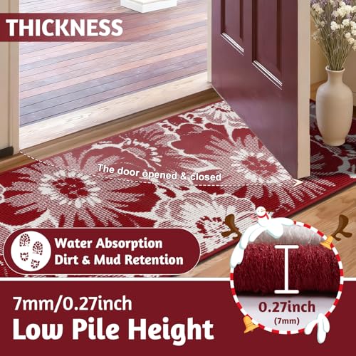 Findosom Christmas Area Rug 3x5, High-Low Textured Floral Entryway Rug Red