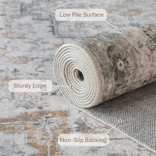 GENIMO 8x10 Area Rugs for Living Room, Machine Washable Non Slip Vintage Area Rugs, Low Pile Lightweight Print Rug for Bedroom, Dining Room, Home Office, Light Taupe Brown