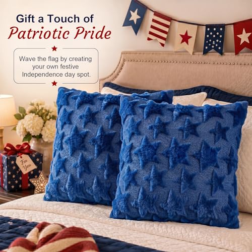 OLANRUN 4th of July Decorations, 4th of July Pillow Covers 18x18 Inch Set of 2, Blue Stars Patriotic Independence Day Decorations Soft Plush Faux Fur Jacquard Throw Pillows for Indoor Home Sofa