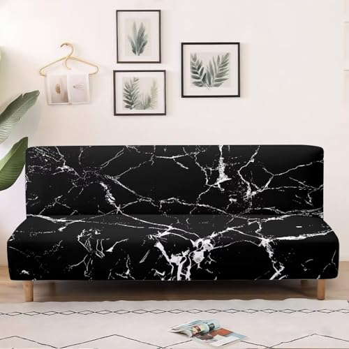 Black Marble Futon Covers Slipcover Full Size Furniture Protector Indoor Armless Sofa Slipcover with Elastic Bottom Soft Home Decor Pet Protection