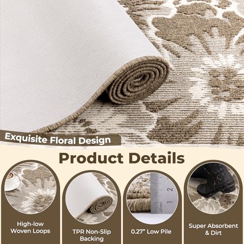 Findosom Hallway Runner Rug 2x6, Non Slip High-Low Textured Floral Washable Runner Rug with Rubber Backing, Boho Carpet Runner for Kitchen, Entryway, Bedroom, Laundry, Brown