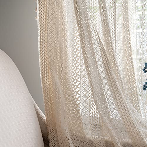 Sutuo Home Beige Boho Lace Sheer Curtains 84 inches Long,Crochet Macrame Semi-Sheer Bohemian Drape with Tassels, Cream Farmhouse Window Curtains for Living Room & Bedroom, 1 Panel 59" W,Rod Pocket