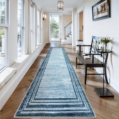 Lahome Amabel Abstract Runner Rug,2.5x12 Hallway Runner Non Slip Kitchen Runner Rug Non Skid Washable,Low-Pile Soft Blue Runners for Hallways 12 ft Minimalist Solid Indoor Carpet Runner for Entryway
