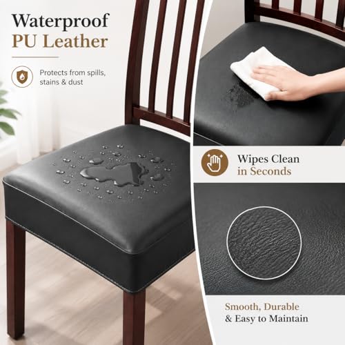 6 Pack Leather Chair Cover, Black PU Dining Chair Seat Covers, Stretch Fit Seat Covers for Dining Chairs, 15-19 Inch Chair Seat Slipcovers for Kitchen, Dining Room, Pets, Everyday Use