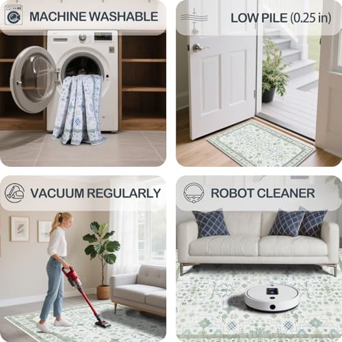2'6 x 10' Runners Rug for Kitchen Washable (Pale Sage Misty Blue)