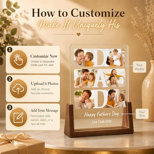Personalized Fathers Day Gift for Dad, Custom Acrylic Picture Frame Night Light with Walnut Base, Unique Dad Gift from Daughter Son Kids Wife