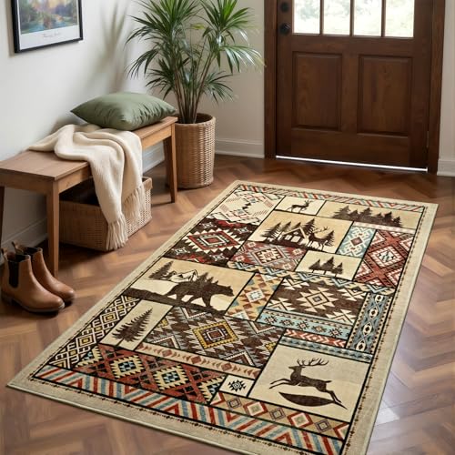 Rustic Cabin Area Rug 3x5 Entryway Rugs,Washable Lodge Bear Rug