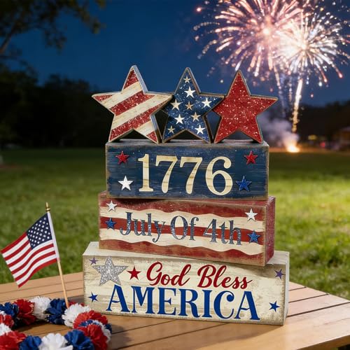 4th of July Table Decorations Patriotic Memorial Day Tiered Tray Decor Wooden Star Block Signs Independence Farmhouse 250th July Fouth Centerpiece for Tables Wooden Sign for Home Decor