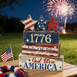 4th of July Table Decorations Patriotic Memorial Day Tiered Tray Decor Wooden Star Block Signs Independence Farmhouse 250th July Fouth Centerpiece for Tables Wooden Sign for Home Decor