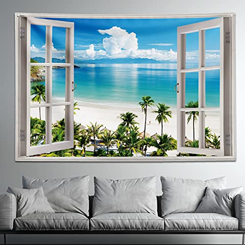 GOURIDA Ocean Beach Tapestry Wall Hanging Blue Sea Tropic Island Paradise Summer Coconut Tree Palm Seaside Window Nature for Bedroom Aesthetic ,61 W x 41 H inch