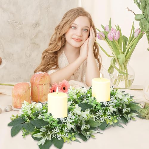 3PCS Artificial Eucalyptus Leaves Wreaths Candle Rings Wreaths Summer Greenery Garland Pillar Holder for Home Wedding Party Table Centerpiece Green