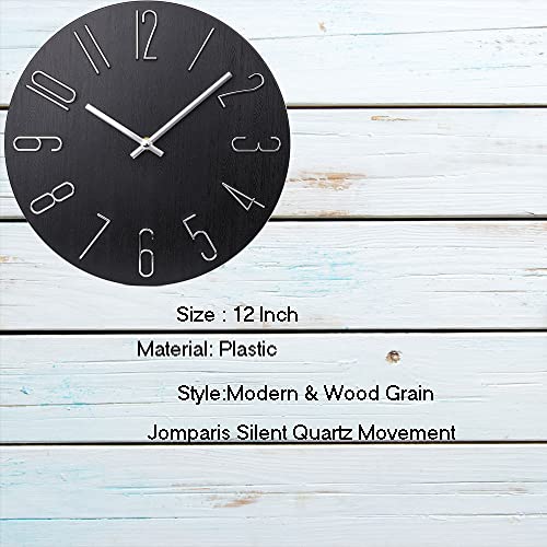 jomparis Black Wall Clock Modern Style Plastic Wooden Wall Clocks Decor 12 Inch Silent Non-Ticking for Office Home Bedroom