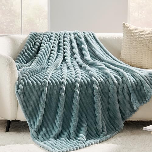Dusty Blue Striped Throw Blanket, 330GSM Soft Plush Fleece Blanket for Couch Sofa Travel, Decorative Cozy Giftable Home Blanket, 50x70 Inches
