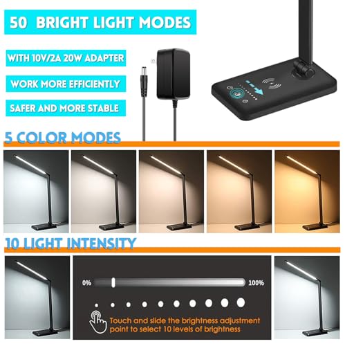 LED Desk Lamp with Wireless Charger, USB Charging Port, 10 Brightness, 5 Color Modes, Desk Lamps for Home Office, Dimmable Table Lamp Eye Caring Reading Light, Touch Control, Auto Timer, Black