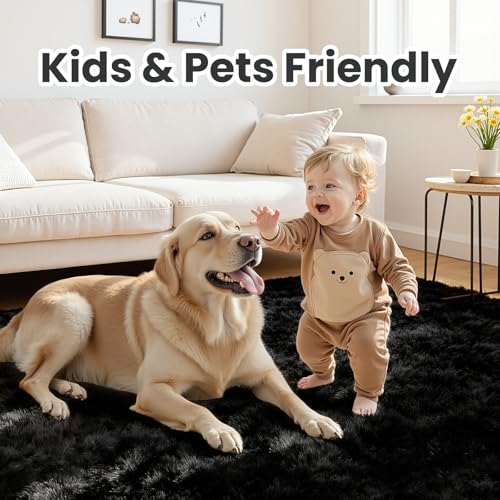 9x12 Fluffy Shag Area Rugs for Living Room Bedroom: Soft Plush Carpet Black