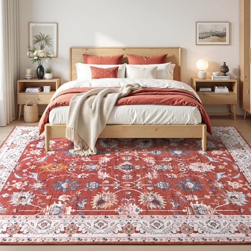 8x10 Area Rugs for Living Room, Washable Rug Vintage Floral, Red