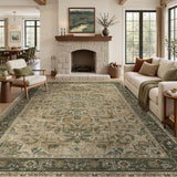 Vintage Distressed 8x10 Rugs for Living Room Bedroom, Washable Non Slip Dining Room Rugs for Under Table, Low Pile Thin Soft Carpet Moody Medallion Pattern Printed, Multi Brown/Olive Green