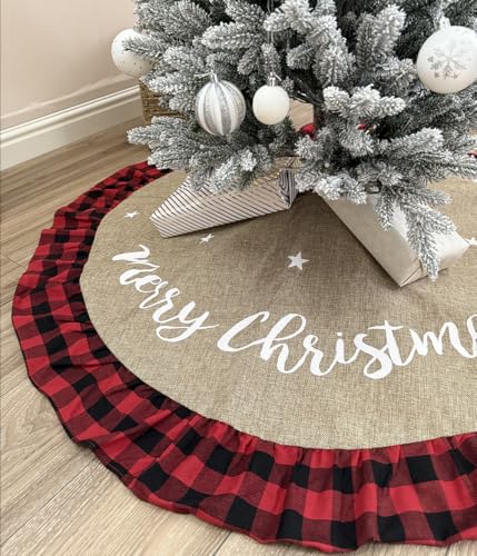 48 Inch Christmas Tree Skirt Linen Burlap Buffalo Plaid Edge Decoration for Merry Christmas Party Red and Black Buffalo Christmas Tree Skirt Decorations