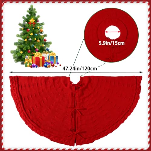 YUJUN 48 Inches Christmas Knitted Tree Skirt Decorations Xmas Large Red Chunky Cable Farmhouse Thick Rustic Tree Skirt for Merry Christmas Tree Holiday Home Party Decoration