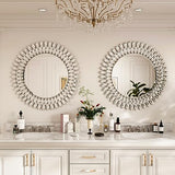 Kelly Miller 26" Jeweled Luxury Round Decorative Wall Mirror | Elegant diamond beveled vanity mirror. Perfect wall mirror for living room, bedroom, entryway.