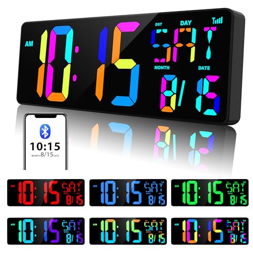 XREXS Large Digital Wall Clock Bluetooth Sync, 17.2" RGB Color Changing Digital Clock with Remote Control, Adjustable Brightness Grandfather Clock, Temperature for Home, Gym and Classroom