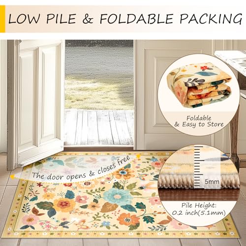 Floral Washable 2x8 Area Rugs Runner Entryway Hallway Yellow/Orange
