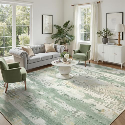 DCX Abstract Area Rug 5x7, Washable Sage Green Modern Rug for Living Room, Kid & Pet Friendly with Rubber Back Non Slip, Soft Low Pile Carpet, Stain Resistant Rug for Bedroom, Office, Dining Room