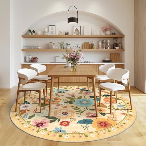 RELEANY Floral Washable Round 8ft Area Rug Yellow/Orange