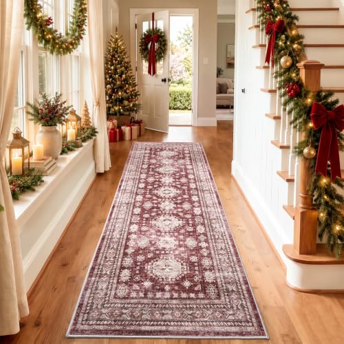 2x6 Runner Rug Washable Non Slip Floor Mat for Entry, Hallway, Burgundy