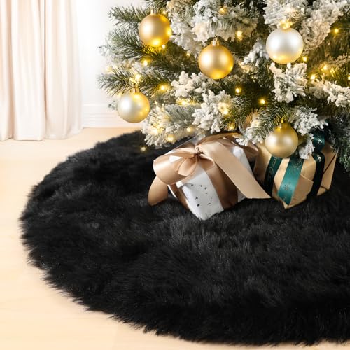 MACTING Faux Fur Christmas Tree Skirt 28 Inch Black Plush Skirt Fluffy Soft Double Layer Small Tree Mat Base Cover for Merry Christmas Party Holiday Home Indoor Halloween Xmas Tree Decorations