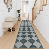 Checkered Rug Runner for Hallways 2.5x12, Kitchen Runner Rugs Non Skid Washable Ultra Thin, Moroccan Extra Long Carpet for Bathroom Decor, Modern Plaid Carpet for Kitchen (Blue/Grey)