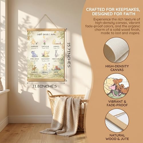 WUAWN God Says I Am Winnie The Pooh Room Decor，Biblical Affirmations for Kids Wall Art,Winnie The Pooh Baby Decorations for Nursery,Wooden Hanging Rod Religious Gifts-03