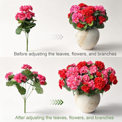 8 Bundles Artificial Geranium Fake Flowers for Outdoor UV Resistant, Outside Spring Red Pink Flower Decoration for Home Kitchen Table Cemetery Garden Planter, Front Door Silk Faux Plants