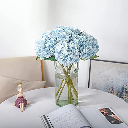 Kisflower Blue Hydrangea Artificial Flowers 6pcs Faux Hydrangea Flowers, Fake Flowers for Table Centerpiece, Blue Silk Hydrangea Flowers with Stems for Home Wedding Party Decor