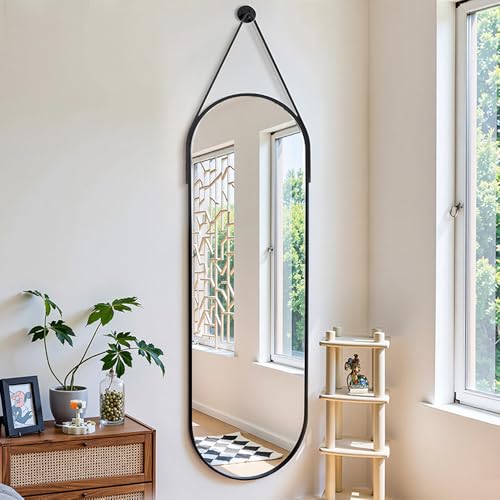 OGCAU 48'' x 16'' Full Length Mirror Wall-Mounted, Full Body Hanging Mirror for Wall and Door in Bedroom, Living Room, Oval with Straps, Hanging with Aluminum Alloy Frame (Oval Black)