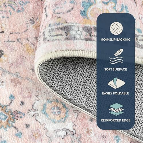 Lahome Pink Rug for Girls Bedroom 5x7, Soft Washable Floral Area Rug, Boho Non Slip Carpet for Kids Room, Teen Room, Playroom, Nursery, Classroom, Living Room
