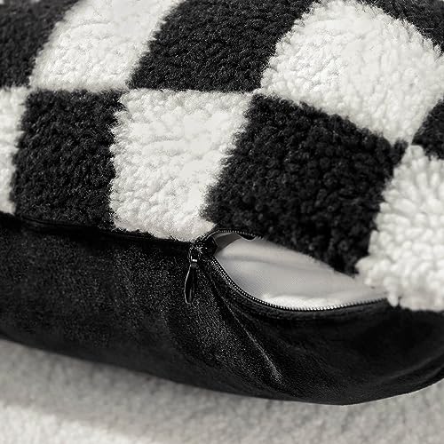 AmHoo Pack of 2 Decorative Throw Pillow Covers Checkerboard Luxury Super Soft Faux Fur Wool Set Case Cushion for Couch Sofa Bedroom 18 x 18-Inch Black