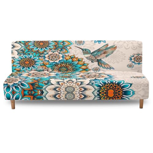 Suobstales Boho Mandala Hummingbird Print Stretch Armless Futon Cover, Futon Mattress Covers Soft Furniture Protector with Elastic Bottom, Foldable Sofa Slipcovers Washable Couch Cover
