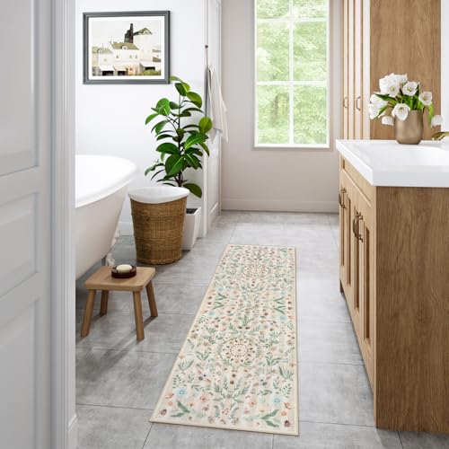 Lahome Washable Insect Botanical 2'6"x8 Runner Rug for Entryway - Machine Washable Non-Slip Hallway Runner Rug, Beige Boho Low Profile Soft Faux Wool Carpets for Bedroom, Hallway, Laundry, Kitchen