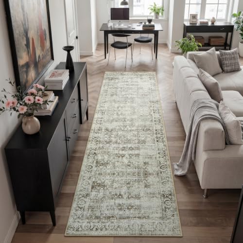 Washable Hallway Runner Rug 8ft, Brown Distressed Kitchen Runner Rugs Non Slip, Farmhouse Vintage Carpet Runner for Entryway Laundry Bathroom, Soft Bedroom Bedside Rug (2.5x8, Brown)