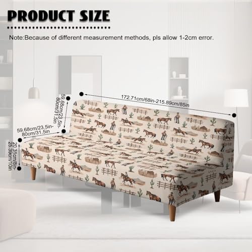Cowboy Horse Armless Futon Cover Elastic Couch Cushion Cover Removable Futon Sofa Bed Slipcover Adjustable Furniture Protector for Home Living Room Decorations